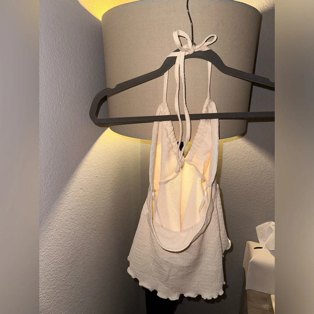 NEW Textured Beige Halter Crop Top Versatile Keyhole Tube Ties A-Line Swing XS - Picture 8 of 10